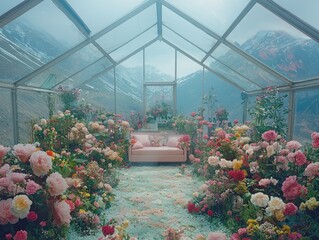 Serene glasshouse filled with blooming roses, overlooking a mountain vista; a pastel-pink sofa sits invitingly in the center