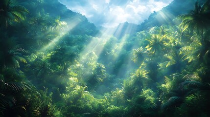 Lush tropical forest bathed in sunlight's rays.