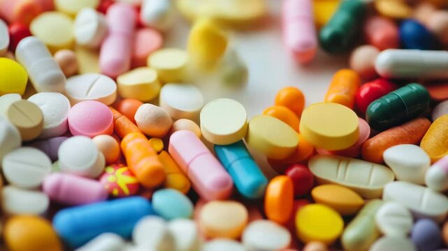 Diverse collection of pills and tablets including hallucinogenic substances on a bright surface, Hallucinogenic drug LSD