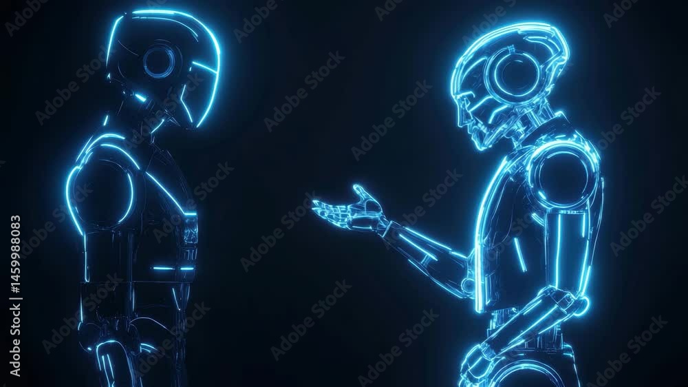 Poster conversation between human and robot with neon effects in a futuristic setting, human and robot talk