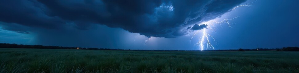 Dark stormy sky, jagged lightning illuminating grassy field, design, ominous, summer
