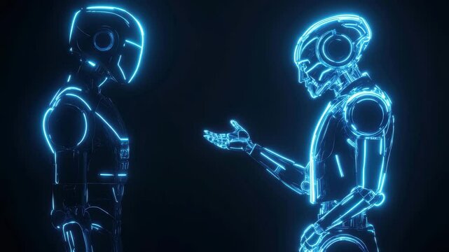 Conversation between human and robot with neon effects in a futuristic setting, Human and robot talking in neon effect mp4 video on dark background