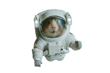 Hamster astronaut floating in space wearing spacesuit isolated on white background PNG