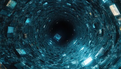 A digital tunnel of intricate, swirling patterns.  A mesmerizing, futuristic tunnel effect with glowing blue and teal elements