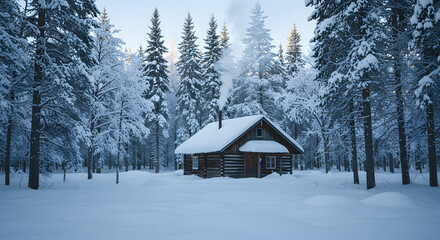 Naklejka premium Snowy Log Cabin in a Winter Forest