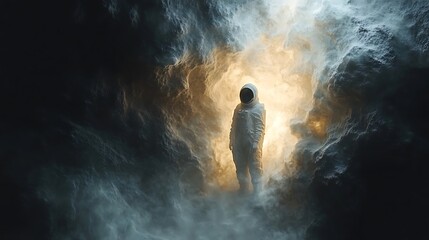 Obraz premium Astronaut navigating a luminous, subterranean passage.