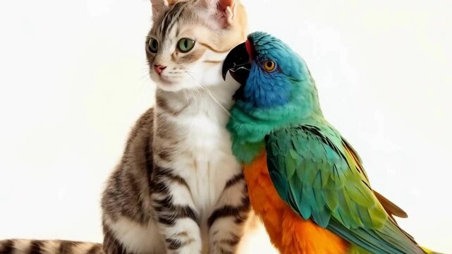 Adorable kitten and parrot sitting together peacefully against a clean white background [with copy space]