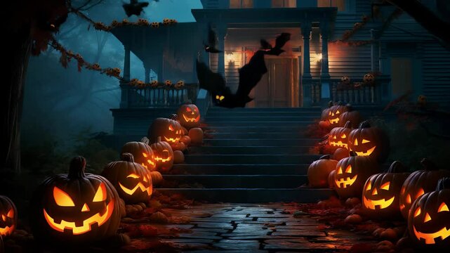 Ominous Halloween Night: Pathway Lined with Glowing Jack-o'-Lanterns to Spooky Haunted House, Bats Silhouetted. Dark Mystery Ambiance, 4K Animation. 