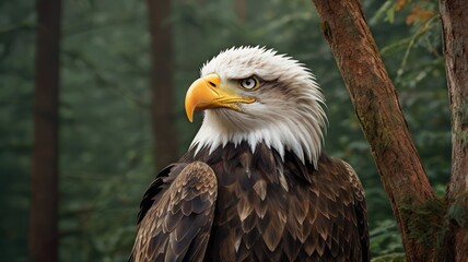 Obraz premium Majestic eagle, alert and watchful, perched in forest