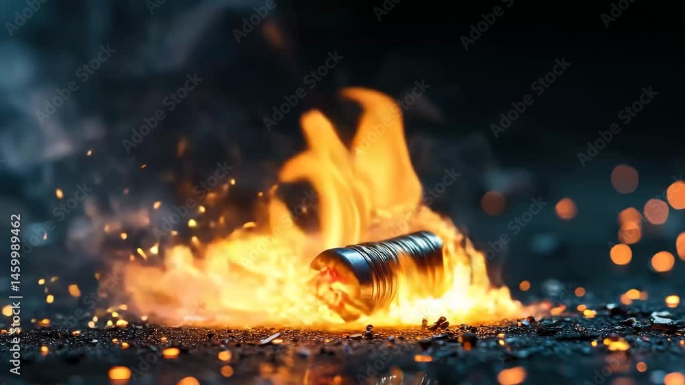 Poster close-up view of a burning fuse creating sparks and smoke in dynamic display, a macro shot of a burn