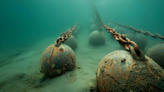 Sea mines with grounding chains submerged underwater in a marine environment, Sea mines with grounding chains as viewed from underwater