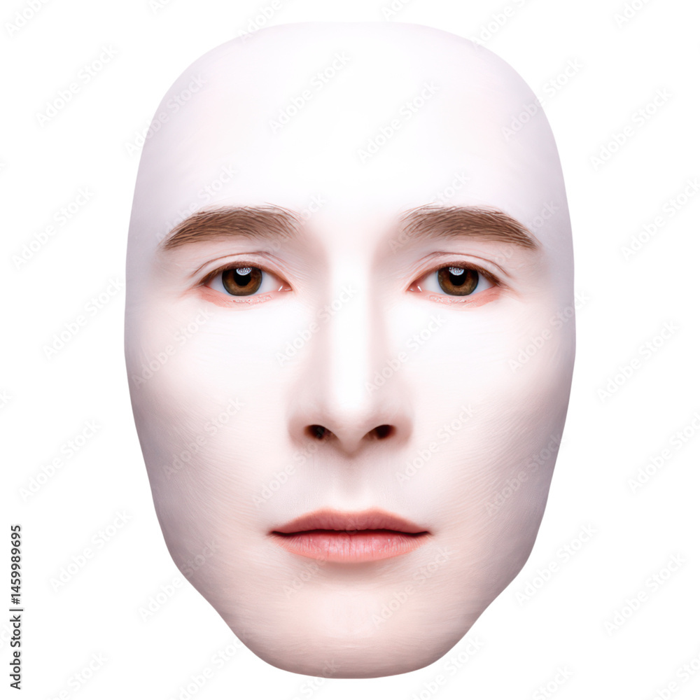 Poster realistic facial mask with neutral expression on a plain background creating an abstract and surreal