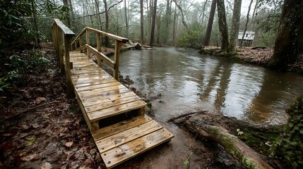 Wooden footbridge leads into a stream with a wooded background.
