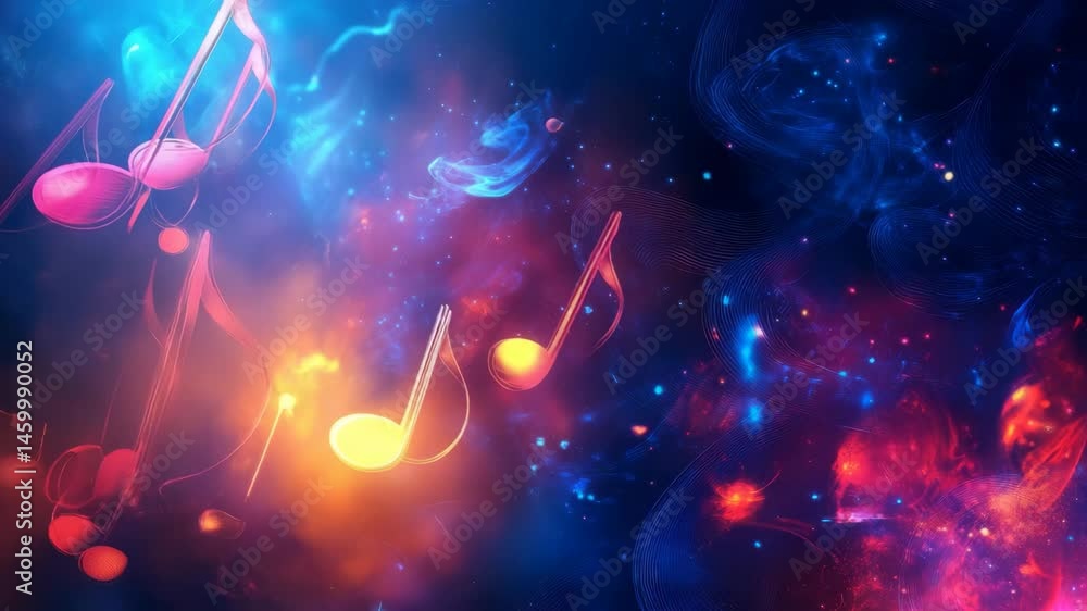 Aufkleber Vibrant abstract music icons create dynamic motion in a colorful cosmic background, abstract music icons motion background
