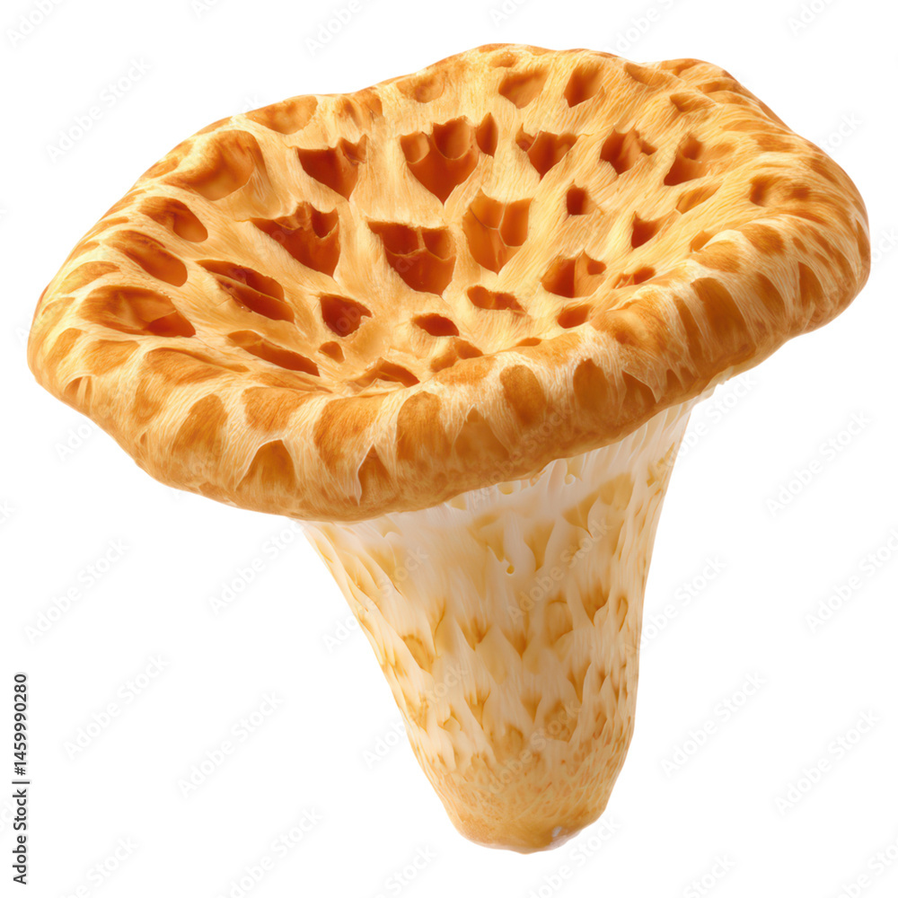 Poster detailed close-up of a unique mushroom with intricate patterns and textures on its surface, isolated