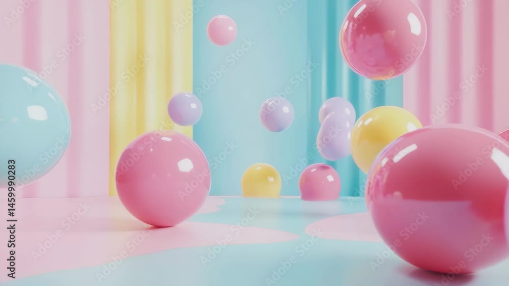 Poster Colorful spheres collide in a playful arrangement within a vibrant space, 3D of colored spheres that collide in the middle of the screen and finally fall down