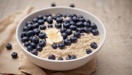 A bowl of plump blueberries atop creamy oatmeal , food photography, oatmeal bowl