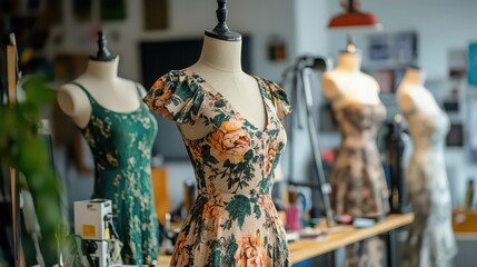 Obraz premium Floral dresses displayed on mannequins in a bright studio and sewing equipment around