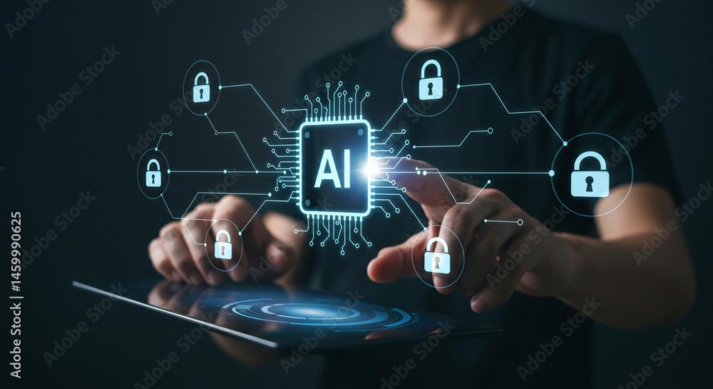 Poster person interacting with ai interface showing security locks on a digital tablet screen business, dat