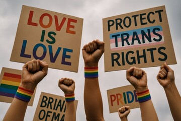 LGBTQ+ Pride Protest Signs and Rainbow Wristbands - Love Is Love, Protect Trans Rights, Activism and Equality Demonstration, No Faces, 4K Composition