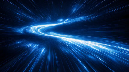 Dynamic image of blue light streaks radiating from a central point creating an impression of high-speed movement or hyperspace travel