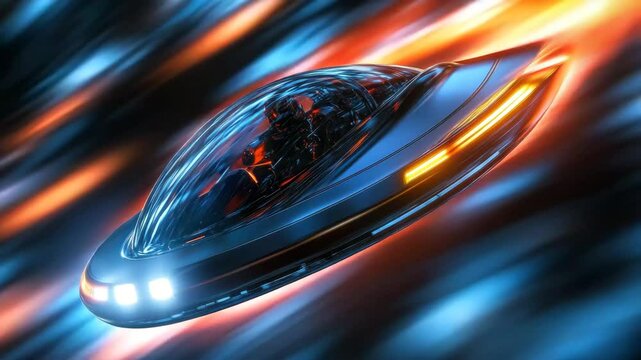 Hovercar of the future levitating at high speed through a neon-lit urban landscape, An unmanned hovercar of the future levitates at high speed in abstract space