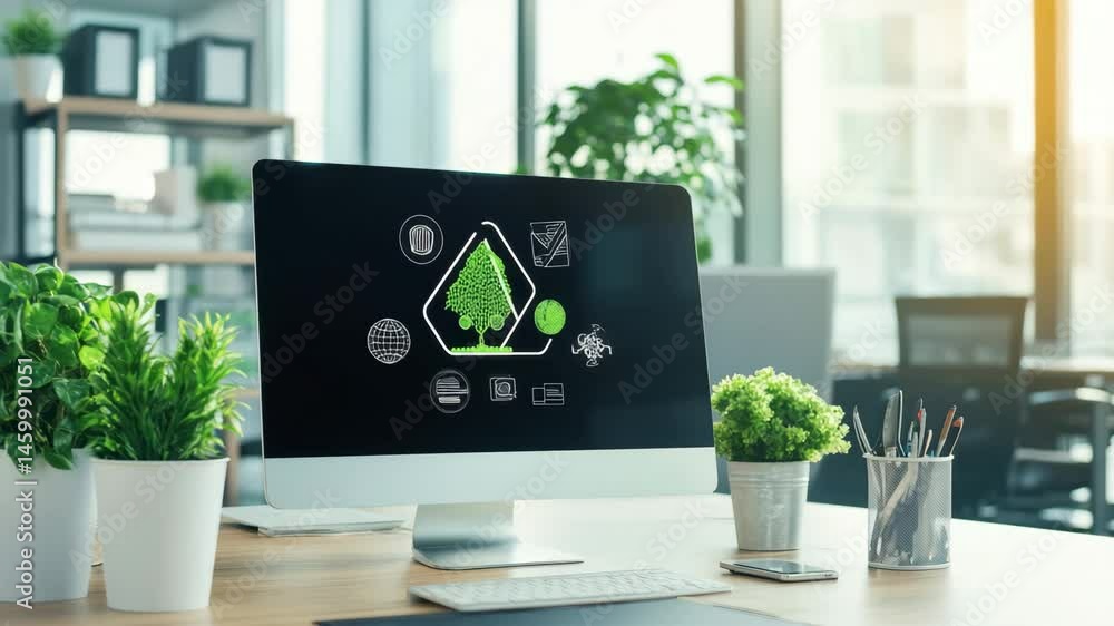 Poster ecological icons displayed on computer screen in contemporary office environment with greenery, ecol
