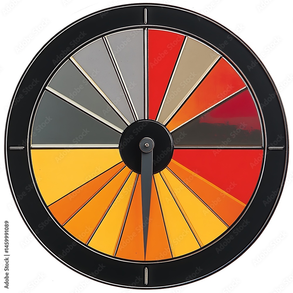 Poster colorful segmented wheel with a needle pointing down, abstract visual for decision making processes 