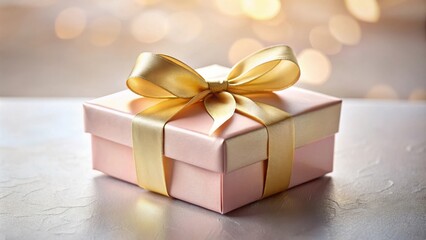 Obraz premium A delicate pink gift box adorned with a golden ribbon, beautifully presented on a pristine surface, capturing the essence of a special occasion.