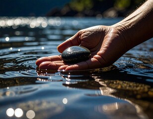 Close-up of hand in water holding flat skipping stone