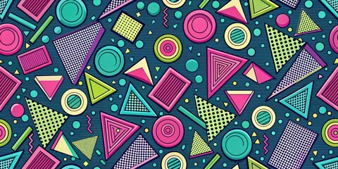 A vibrant geometric pattern featuring colorful triangles, circles, and squares on a dark blue background