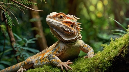 Obraz premium A vibrant lizard, perched on mossy branch, amidst lush foliage
