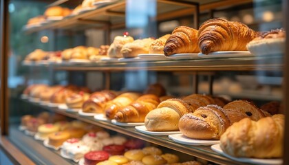 Display case variety of delicious baked goods, pastries, croissants in shop. Modern bakery, shop, cafe interior. Freshly baked bread, cakes, desserts for sale. Sweet food. Breakfast, lunch, retail.