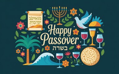 Obraz premium Passover vector illustration featuring a circular arrangement of traditional symbols including menorah, matzah, wine glasses, Hebrew text dark teal background representing the Jewish holiday of Pesach