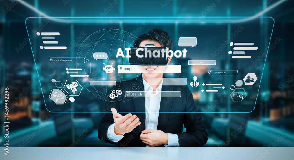 Poster business man with goggles working while using ai technology. project manager with formal suit checki