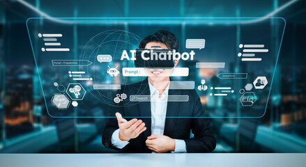 Business man with goggles working while using AI technology. Project manager with formal suit checking and accessing at metadata by using augmented technology with blurring background. Ingenuity.