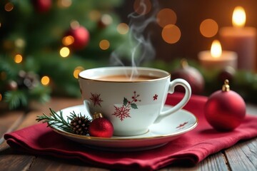Cozy Christmas teacup, steaming beverage, festive decor, garland, warm