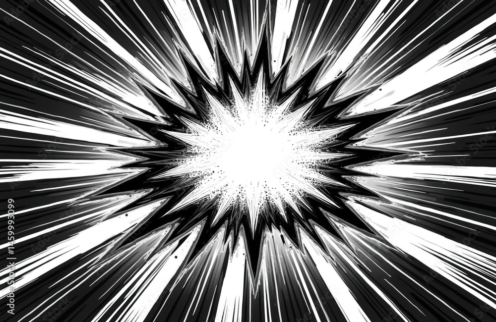 Poster Dynamic comic-style illustration page layout background. Halftone dots with radial lines create dynamic action speed effects. Explosion, burst of energy with black and white retro style.