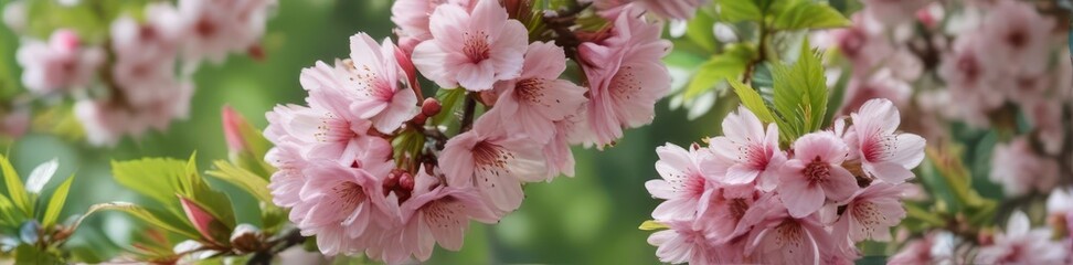 Delicate pink cherry blossom, vibrant green leaf backdrop, photography, blossom, floral