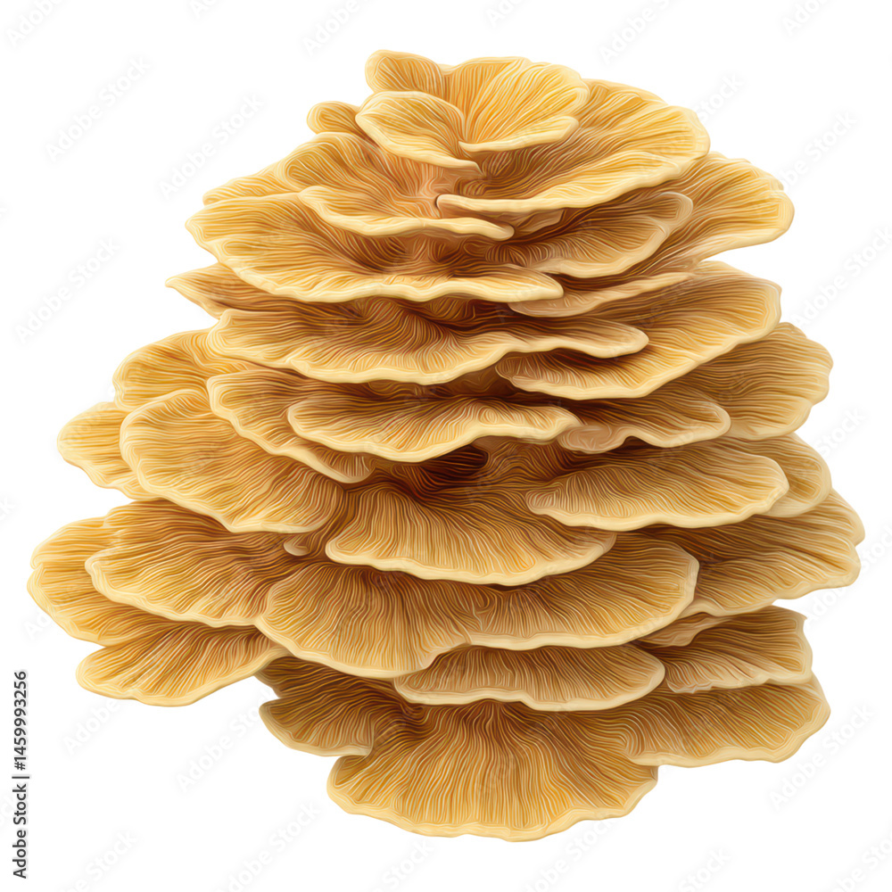 Poster beautiful layered mushroom with intricate details showing earthy colors and unique organic patterns 