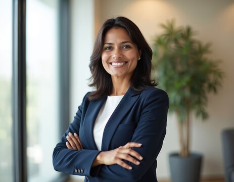 Indian businesswoman smiles, arms crossed in office. Confident female executive, dressed in formal wear, radiates success, leadership. Pro, happy woman looks camera. Corporate, business, management.