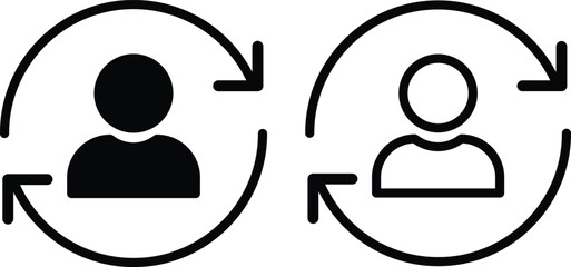 Replace person icon set. staff change, replace worker simple line icon set,  design in trendy style. two people are shown in a circle with arrows pointing to them.
