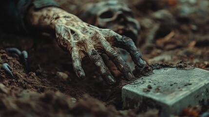Decaying hands reaching into dark earth.