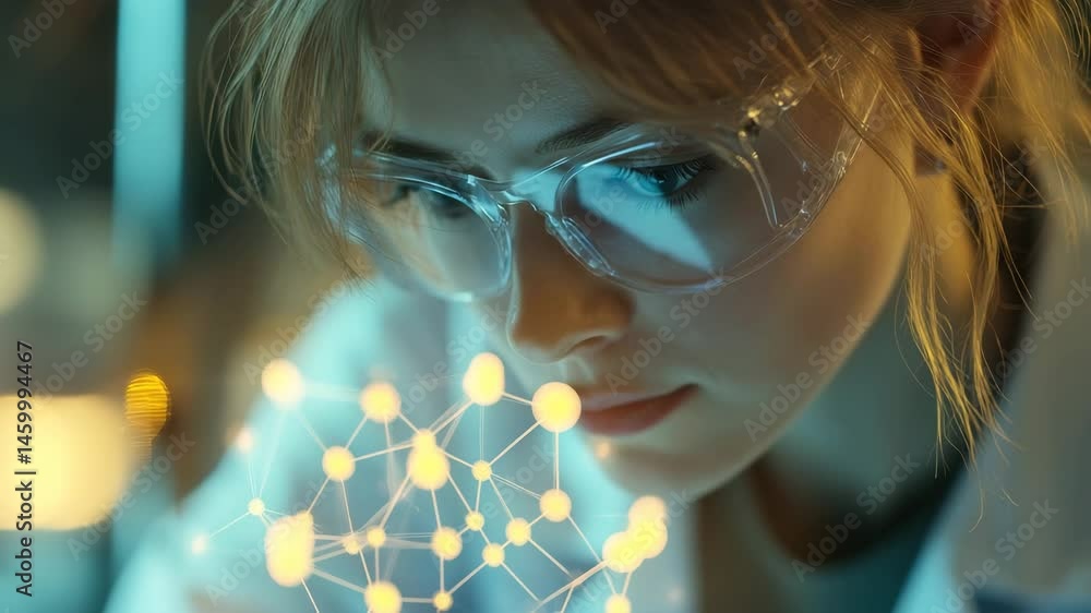 Poster caucasian female scientist analyzing data in laboratory with visual network connections, network of 