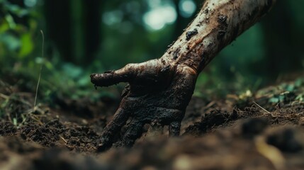 Fototapeta premium Close-up of a dirty hand reaching into soil.