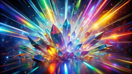 Fototapeta premium A cluster of iridescent crystals erupts with vibrant light, illuminating the dark cosmic background with a dazzling display of refracted colors.
