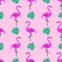 Obraz premium summer tropical seamless pattern with flamingo and monstera on pink background