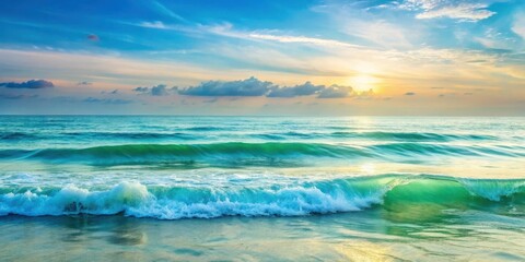 Azure sky meets the ocean in a mesmerizing sunset symphony, where the waves gently crash upon the sandy shore