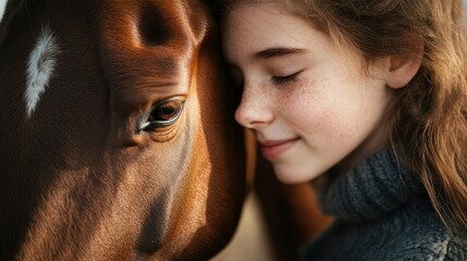 A horse gently nuzzling a girlâ€™s face, deep bond between human and animal --ar 16:9 --v 6.1 Job ID: 9c5911de-2c9c-46ee-93e7-da45ce5992d9