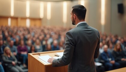 Speaker at podium addresses audience in large auditorium. Pro, confident man gives talk in formal setting. Public speaking, presentation, conference, business seminar, training event for education